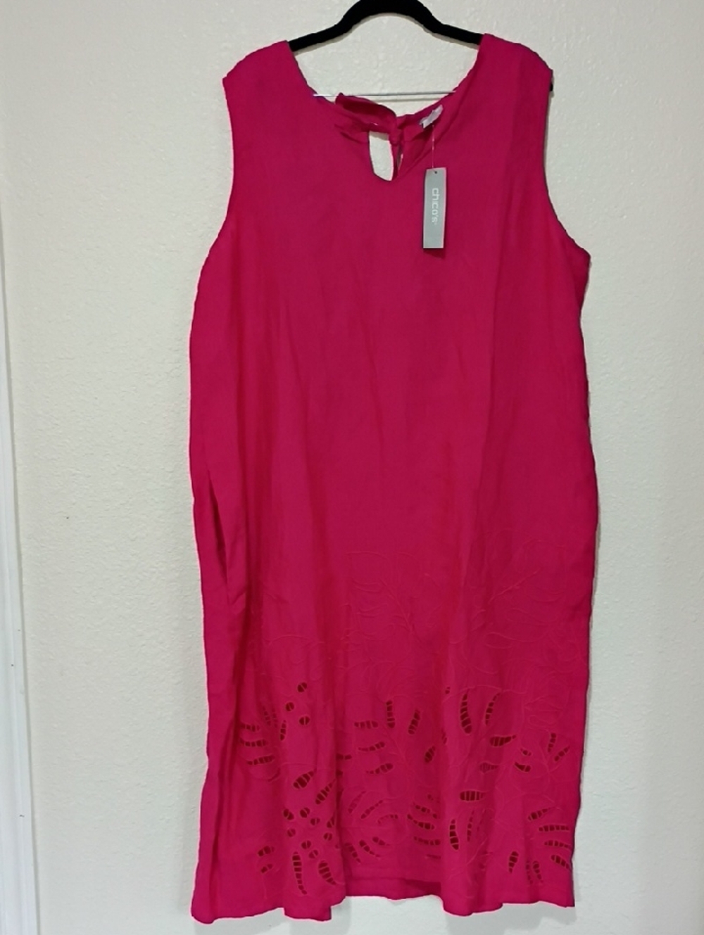 Chico's Bright Hot Pink Sleeveless Midi Dress with Eyelet Hem
